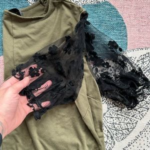 Shein olive green blouse with black lace sleeves
